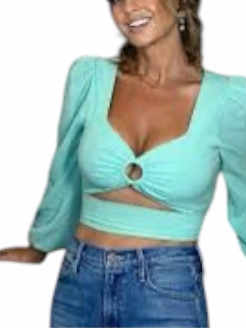 SONG Mint Green Ring-Front Cropped Boho Festival Vacation  Blouse w/Puff Sleeves